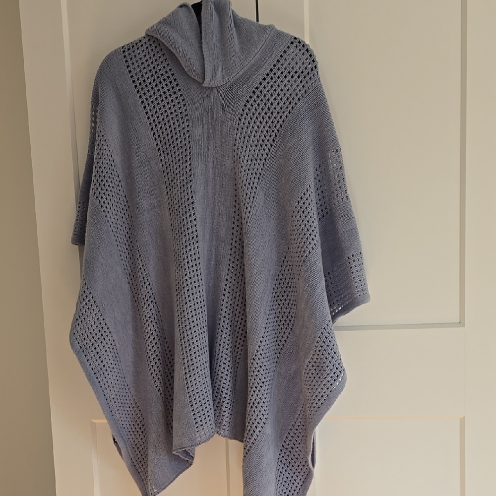 Hooded Blue Knit Poncho One Size